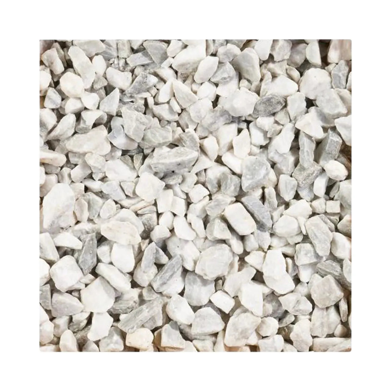 A close-up of small, irregular white and light gray 0.5 cu. ft. Bagged Marble Chip Landscape Rock stones by Go Build, The Fastest Way To Build, evenly spread across the frame.